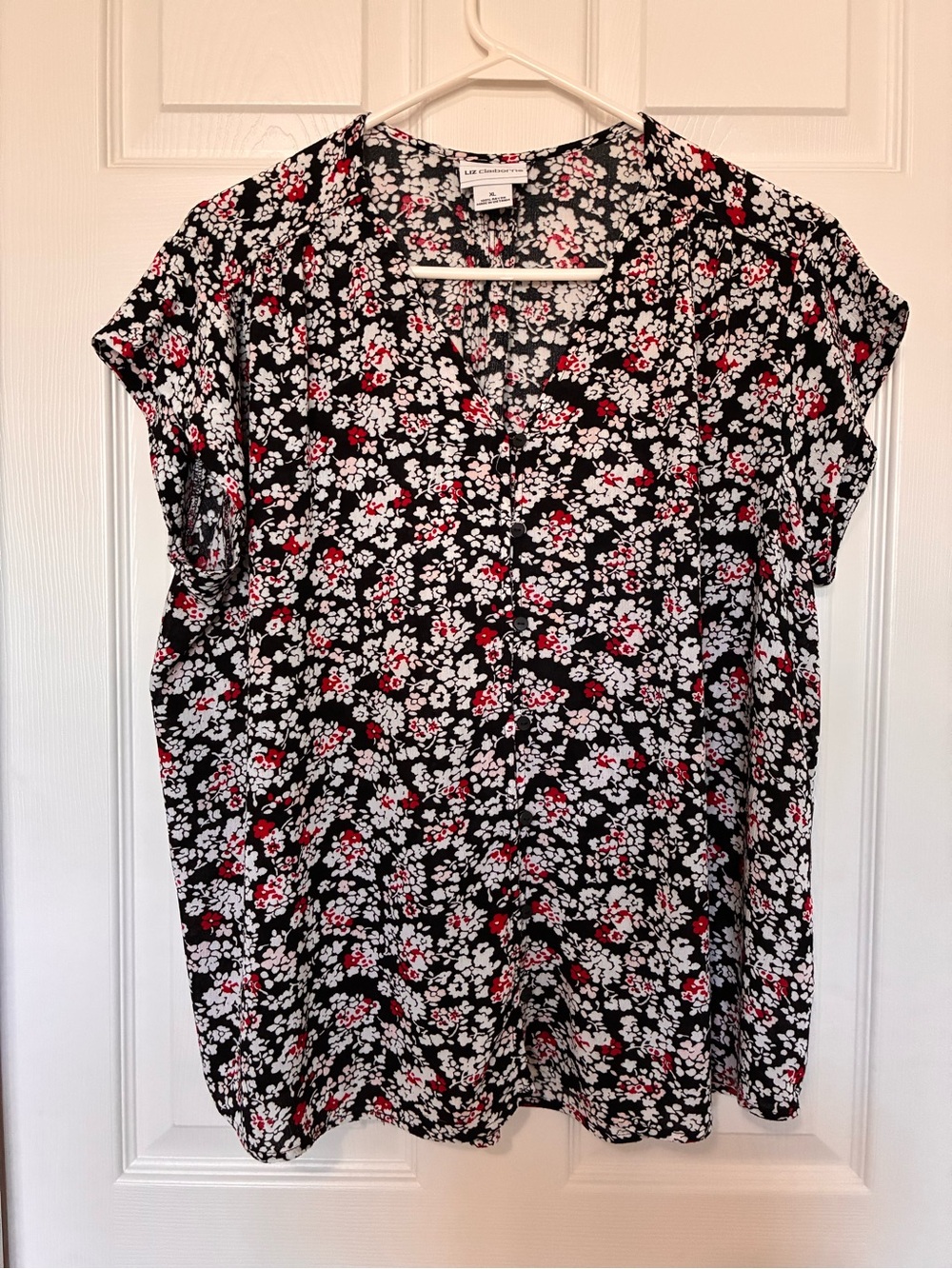 Liz Claiborne Black White Red Floral Button Front V-Neck Cap Sleeve Blouse XL
